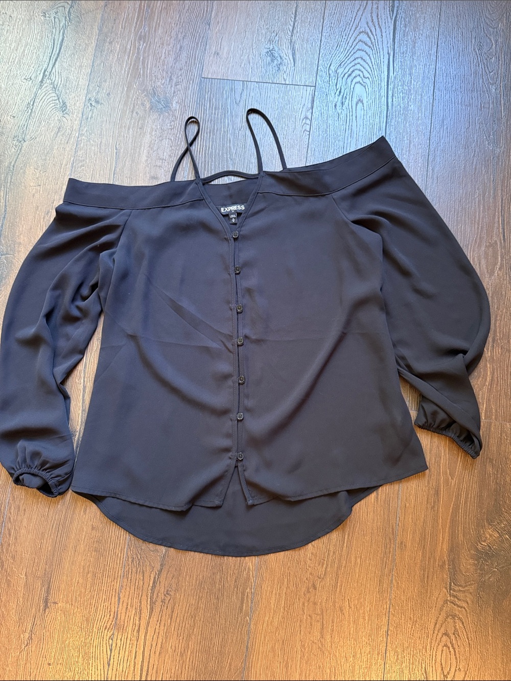 Express Black Off-the-Shoulder Button-Front Blouse with Spaghetti Straps